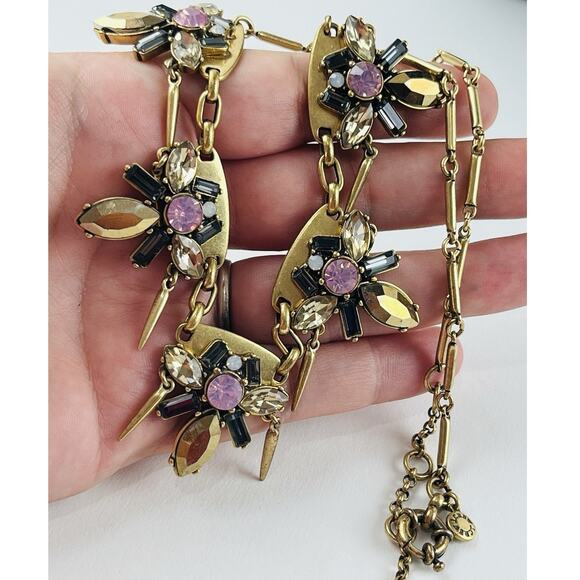 J. Crew Gold Tone Rhinestones Pink Spike Dangles Necklace Smoky Black White Flor - Picture 1 of 16
